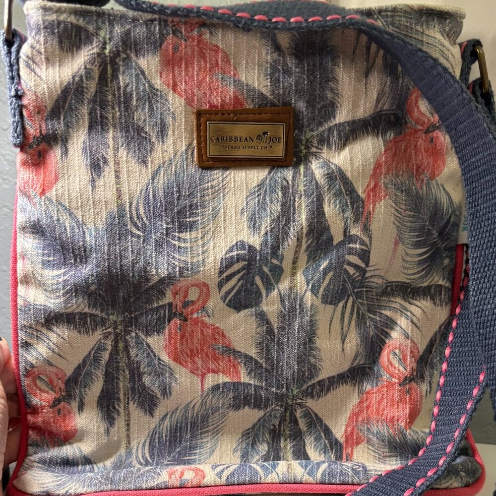 Caribbean Joe Flamingo Palm Print Crossbody Canvas Tropical Travel Bag